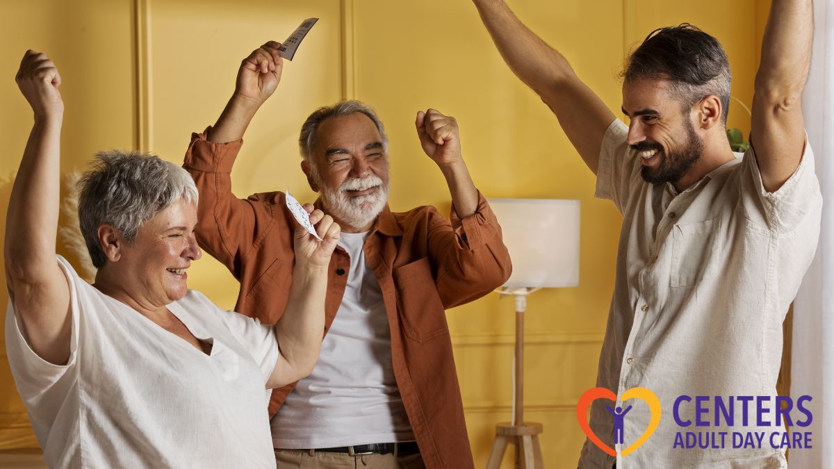 Adult day care in Richmond, a therapist and caregiver enthusiastically guide two seniors through a physical activity.
