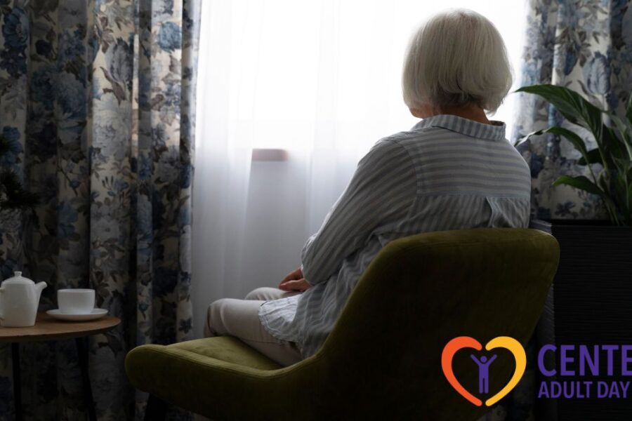 A senior woman gazes thoughtfully out a window at dusk, dappled light filling the room, illustrating calm and reflective moments in adult day care for your parent.