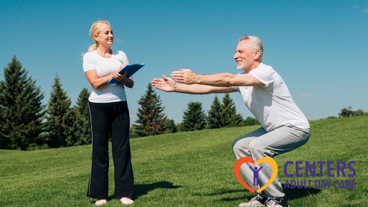 Two seniors enjoy the sunshine outdoors while engaging in light exercises, representing the physical and mental health benefits of adult day care programs.