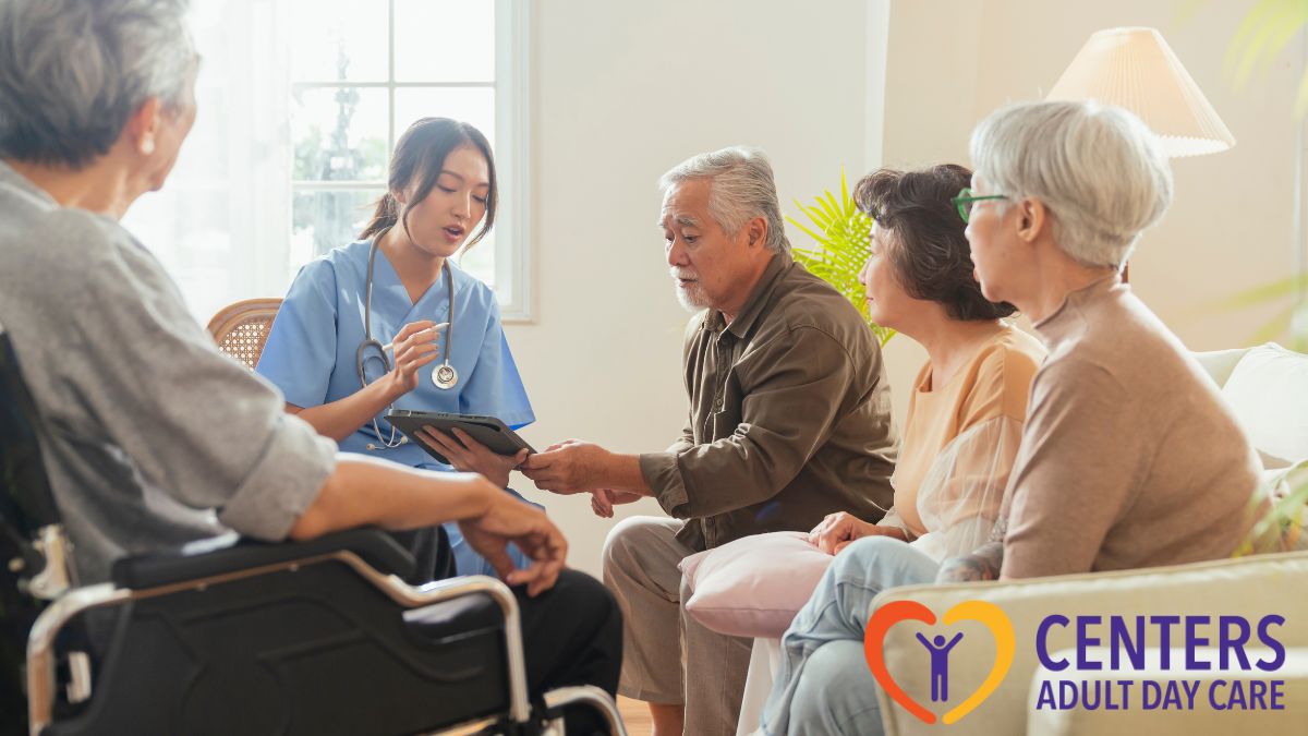 Female nurse leading a group of seniors in a nursing home, providing guidance and care in a communal setting.