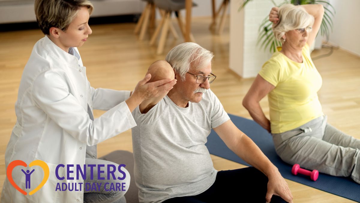 A physical therapist assists a senior man accomplishing floor exercises, highlighting the supportive and health-focused benefits of adult day care services.